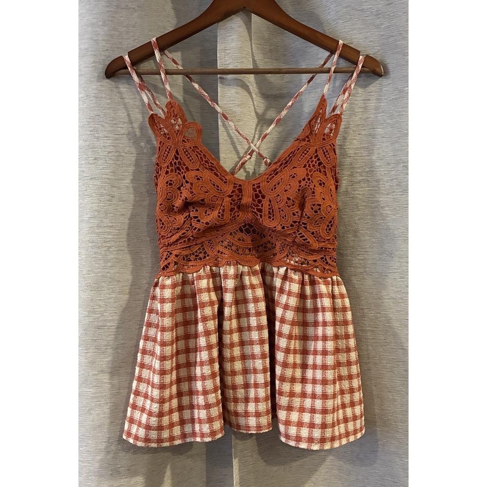 Main Strip Lace Bodice Plaid Peplum Tank Top Size Medium Casual/Party